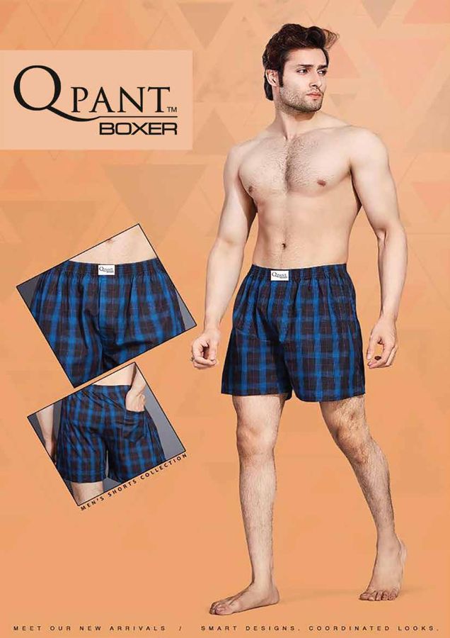 Model wearing blue check QPANT boxer