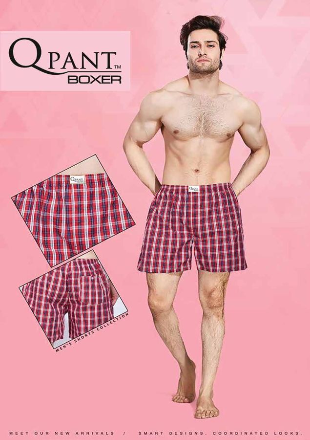 Model wearing maroon check QPANT boxer