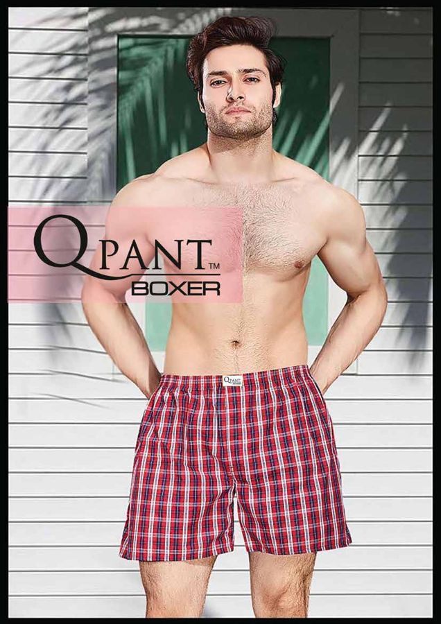 Model wearing red check QPANT boxer