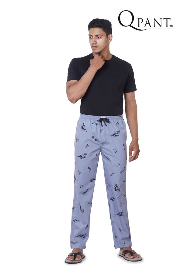 Model in blue printed lounge pyjamas