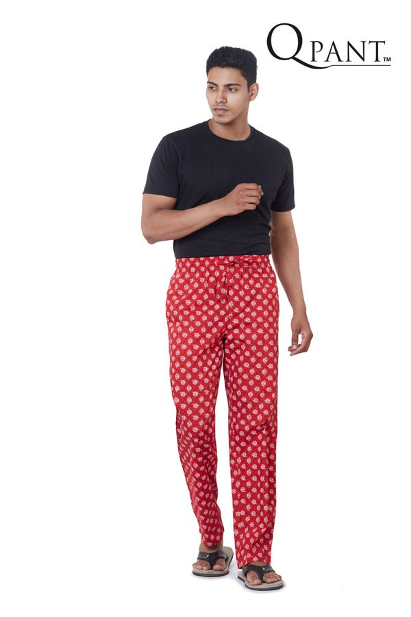 Model in red printed lounge pyjamas
